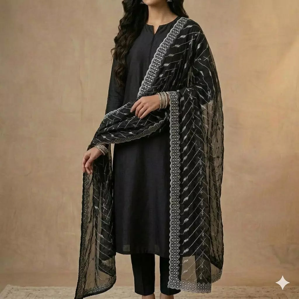 BLACK AND WHITE EMBROIDED DUPATTA