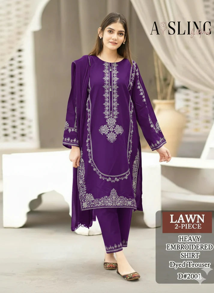 LAWN EMBRIDED 2PC -PLUM PURPLE