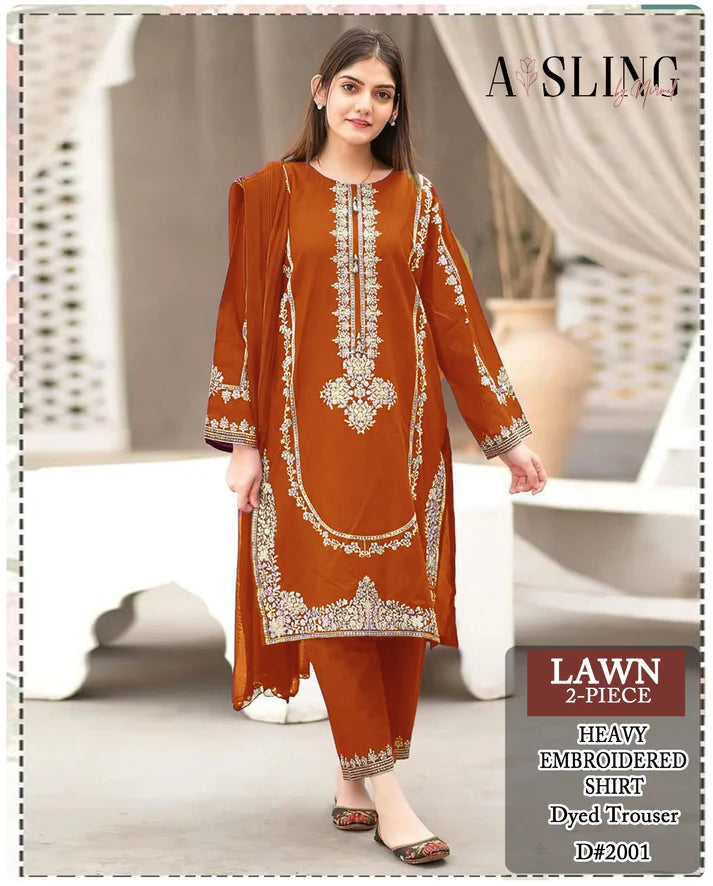 LAWN 2PC HEAVY EMBROIDED -RUST