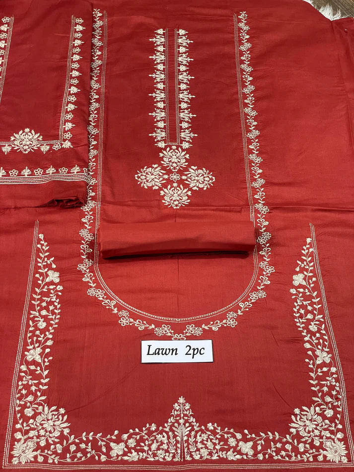 LAWN 2PC HEAVY EMBROIDED -RUST